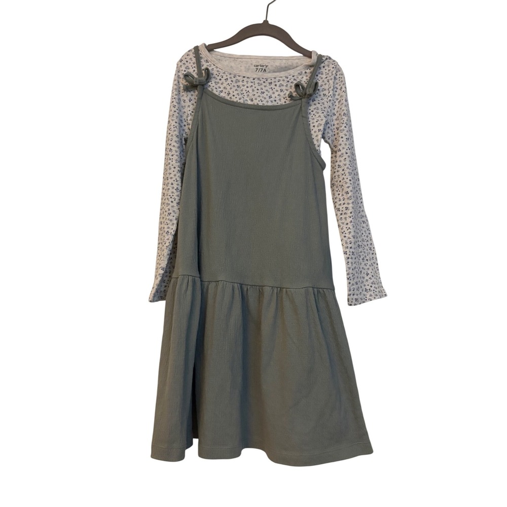 Carters Girls 7 2-Piece Set Floral Long Sleeve Top and Green Ribbed Jumper Dress